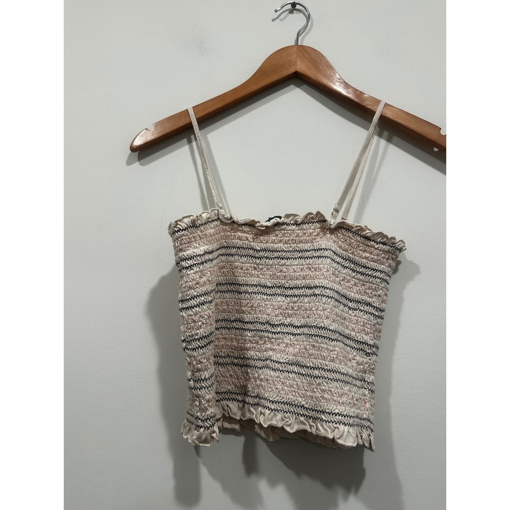 American Eagle Smocked Cami Top Beige Striped Ruffle Crop Tank Medium